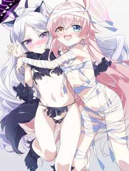 2girls absurdres ahoge alternate_costume animal_ears bandaged_arm bandaged_head bandaged_leg bandaged_neck bandages bare_shoulders barefoot black_gloves black_halo black_panties blue_archive blue_eyes blush breasts cameltoe chest_sarashi clenched_teeth commentary_request covered_erect_nipples dot_nose embarrassed fake_animal_ears fake_tail fang feet foot_out_of_frame gloves gluteal_fold hair_between_eyes halloween_costume halo hands_up heterochromia highres hina_(blue_archive) hoshino_(blue_archive) hug hug_from_side huge_ahoge loli long_hair looking_at_viewer multiple_girls mummy_costume naked_bandage navel niko_(tama) open_mouth paid_reward_available panties parted_bangs paw_gloves paw_shoes pink_hair pink_halo purple_eyes sarashi side-by-side simple_background skin_fang small_breasts smile tail teeth thighs toes underwear very_long_hair werewolf_costume white_background yellow_eyes