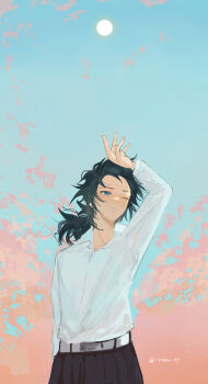 1boy belt black_hair black_pants blue_eyes blue_sky commentary_request hair_between_eyes highres ichigosaaaan kimetsu_no_yaiba long_hair looking_up low_ponytail male_focus no_jacket one_eye_closed outdoors pants parted_lips ponytail shirt sky solo spiked_hair standing teeth tomioka_giyuu white_belt white_shirt