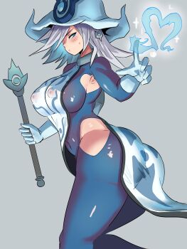 1girl absurdres armpit_cutout armpits ass blue_dress blush breasts clothing_cutout covered_erect_nipples dress duel_monster gloves grey_background hat heart highres hip_vent holding holding_wand silent_magician simple_background tabard wand white_gloves white_hat white_tabard wizard_hat ytrall yu-gi-oh!
