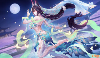 1girl absurdres animal_ear_fluff bare_shoulders barefoot black_hair breasts chinese_commentary closed_mouth commentary_request feet from_side hand_up highres jianshu large_breasts long_hair median_furrow moon night original smile solo toes