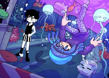 1girl 2boys absurdres air_bubble antenna_hair black_eyes black_hair black_shorts black_socks black_tank_top blue_hair blush bright_pupils bubble character_request collarbone colored_skin commentary commission copyright_request double-parted_bangs english_commentary fish furry furry_male gator_guy_(omori) hair_between_eyes highres jellyfish looking_at_another medium_hair multicolored_shorts multiple_boys omori omori_(omori) parted_lips purple_shoes road saghaley sea_anemone seacow_(omori) shoes short_hair shorts socks standing striped_clothes striped_shorts sunglasses tank_top tentacle_hair toll_snake_(omori) two-tone_shorts underwater upside-down vertical-striped_clothes vertical-striped_shorts white_pupils white_shorts white_skin