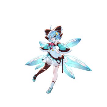1girl ahoge alternate_costume aqua_dress aqua_shoes asymmetrical_legwear blue_eyes blue_hair bow bowtie brown_bow cirno closed_mouth detached_sleeves detached_wings dress fairy_wings frilled_bow frills full_body game_cg hair_bow hands_on_own_hips highres ice ice_wings looking_at_viewer mary_janes mismatched_legwear non-web_source official_art red_bow red_bowtie second-party_source shoes short_hair single_leg_pantyhose smile socks solo touhou touhou_gensou_eclipse transparent_background u_u_zan uneven_legwear white_socks wings