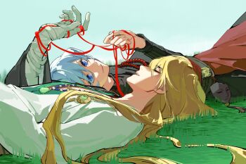 Rule 34 | 1boy, 1girl, artist request, bandaged arm, bandaged hand, bandages, black sweater, blonde hair, blue eyes, blue sky, chinese commentary, closed mouth, cloud, cloudy sky, commission, couple, grass, hair between eyes, hand up, hands up, hetero, highres, honkai (series), honkai impact 3rd, jewelry, kallen kaslana, light smile, long hair, long sleeves, looking to the side, looking up, lying, necklace, on back, on grass, otto apocalypse, outdoors, parted lips, red ribbon, ribbon, shade, skirt, sky, string, string of fate, sweater, white hair