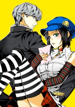Rule 34 | 1boy, 1girl, absurdres, black hair, black jacket, blue hat, breasts, choker, closed mouth, elbow gloves, feet out of frame, fingerless gloves, gloves, green eyes, grey eyes, grey hair, hat, highres, holding, holding paper, jacket, knees up, looking ahead, marie (persona 4), medium breasts, multicolored gloves, narukami yu, newsboy cap, paper, persona, persona 4, persona 4 the golden, red choker, red skirt, sa1meunegg, school uniform, shirt, short hair, sidelocks, simple background, skirt, sleeveless, sleeveless shirt, striped clothes, striped gloves, striped thighhighs, thighhighs, two-tone thighhighs, white shirt, yasogami school uniform, yellow background