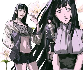 1girl abs arms_behind_back black_footwear black_hair black_pants black_shorts blunt_bangs breasts cleavage cowboy_shot crop_top fishnet_top fishnets floral_background flower highres hime_cut hyuuga_hinata itachi3413 jacket large_breasts lily_(flower) long_hair long_sleeves looking_at_viewer looking_back middle_finger midriff multicolored_jacket multiple_views naruto:_road_to_ninja naruto:_the_last naruto_(series) naruto_shippuuden pants parted_lips pupiless_eyes purple_jacket sandals short_shorts shorts sidelocks toned toned_female two-tone_jacket v_arms white_eyes white_flower white_jacket