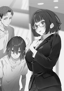 1girl 2boys absurdres amei_kanna asuma_(hakuchuumu_no_aojashin) bespectacled blunt_bangs blurry blurry_background blush breasts collared_shirt commentary_request glasses greyscale hakuchuumu_no_aojashin hands_up highres large_breasts looking_at_viewer looking_to_the_side medium_hair momonouchi_sumomo monochrome multiple_boys novel_illustration official_art open_mouth round_eyewear second-party_source shimofuri shirt standing wig wing_collar