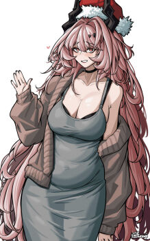 1girl arknights bra bra_peek breasts brown_cardigan cardigan cleavage cowboy_shot dress furauji grin hair_intakes hat horns huge_breasts long_hair open_cardigan open_clothes pink_eyes pink_hair santa_hat sleeveless sleeveless_dress smile solo standing theresa_(arknights) underwear very_long_hair