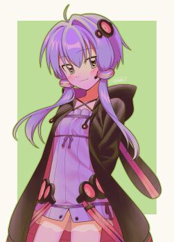 Rule 34 | 1girl, ahoge, animal hood, breasts, commentary request, dress, highres, hood, hood down, hooded jacket, hoodie, jacket, looking at viewer, menma (enaic31), open clothes, open hoodie, purple dress, purple eyes, purple hair, rabbit hood, ribbed dress, short hair with long locks, small breasts, smile, vocaloid, voiceroid, yuzuki yukari