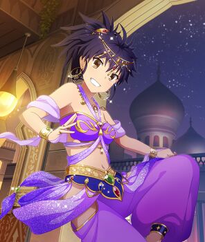 1girl arabian_clothes arch bandeau bare_shoulders black_sky blue_gem bracelet breasts brown_eyes circlet clothing_cutout dancer dot_nose earrings etou_minato game_cg gem gold_bracelet gold_circlet gold_earrings gold_ring green_gem grin hand_up hanging_light harem_pants high_ponytail hoop_earrings indoors ivy jewelry looking_at_viewer medium_breasts middle_eastern_architecture navel night official_art pants ponytail purple_bandeau purple_hair purple_pants red_gemstone ring short_hair sitting sky smile solo star_(sky) starry_sky thigh_cutout third-party_source toji_no_miko toji_no_miko:_kizamishi_issen_no_tomoshibi yellow_gem
