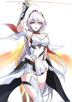 1girl ahoge armored_leotard bare_shoulders blue_eyes cape clothing_cutout commentary_request corrupted_twitter_file cross cross_earrings cutout_above_navel diamond-shaped_pupils diamond_(shape) earrings feet_out_of_frame fire flaming_sword flaming_weapon gloves hair_between_eyes high_ponytail highres holding holding_sword holding_weapon honkai_(series) honkai_impact_3rd jewelry kamishiro_noa kiana_kaslana kiana_kaslana_(herrscher_of_flamescion) leaning_on_weapon leotard long_hair looking_at_viewer open_mouth ponytail snapping_fingers solo sword symbol-shaped_pupils thighhighs torn_cape torn_clothes very_long_hair weapon white_hair white_thighhighs