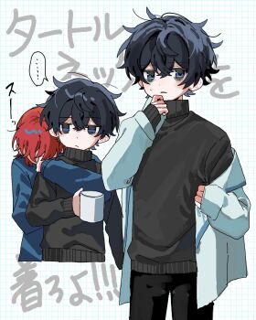Rule 34 | ..., 2boys, bags under eyes, black hair, black pants, black sweater, blue eyes, blue sweater, commentary request, cowboy shot, cup, highres, holding, holding cup, hug, hug from behind, hyoutenka 30-do no zetsubou, jacket, kuchinashi dabi, male focus, mug, multiple boys, off shoulder, ozui (ozuizui), pants, red hair, short hair, spoken ellipsis, sweater, tonimura yui, turtleneck, turtleneck sweater, upper body, white jacket
