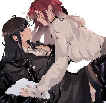 2girls artist_name black_hair black_thighhighs commentary from_side hand_on_another&#039;s_chest highres long_hair long_sleeves multicolored_hair multiple_girls path_to_nowhere purple_hair rahu_(path_to_nowhere) seijousai shalom_(path_to_nowhere) shirt smile symbol-only_commentary thighhighs two-tone_hair white_hair white_shirt yuri