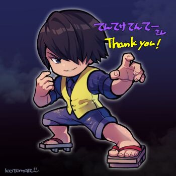 1boy alternate_costume black_hair black_necktie black_shirt commentary_request commission fighting_stance fingernails full_body hair_over_one_eye kotomaru_(kotokoto_kottan) lee_chaolan male_focus necktie sandals shirt short_hair shorts skeb_commission solo standing tekken thank_you vest yellow_vest