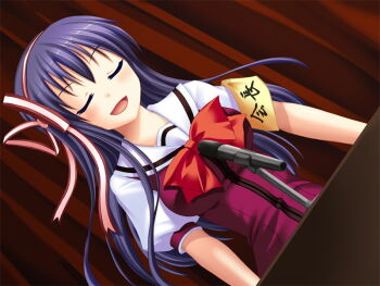 1girl armband blush bow bowtie breasts closed_eyes curtains dutch_angle fumizuki_yukari game_cg hair_between_eyes hair_ribbon hara_hara!! indoors lectern long_hair medium_breasts microphone microphone_stand open_mouth puffy_short_sleeves puffy_sleeves purple_hair purple_serafuku red_bow red_ribbon ribbon safety_pin sailor_collar school_uniform serafuku short_sleeves sidelocks smile solo standing straight_hair suzumiya_natsuki third-party_source upper_body variant_set white_sailor_collar yellow_armband