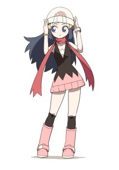 Rule 34 | 1girl, beanie, black hair, black socks, blue eyes, blue hair, boots, dawn (pokemon), full body, hair ornament, hairclip, hat, highres, kneehighs, long hair, nintendo, parted lips, pink boots, pink skirt, poke ball print, poke ball symbol, pokemon, pokemon dppt, poketch, red scarf, scarf, shirt, skirt, sleeveless, socks, solo, uzou (uzooooooooo), watch, white hat, wristwatch