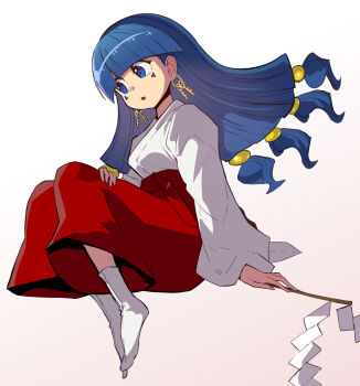 Rule 34 | 1girl, alternate costume, blue eyes, blue hair, blunt bangs, cosplay, earrings, facial mark, full body, gohei, gradient background, hair ornament, hakama, hakurei reimu, hakurei reimu (cosplay), highres, holding, holding gohei, japanese clothes, jewelry, key earrings, long hair, long sleeves, low-tied long hair, michigami nareko, miko, nontraditional miko, parted lips, red hakama, socks, solo, sphere hair ornament, syope, touhou, triangle, triangle facial mark, white kosode, white socks, wide sleeves