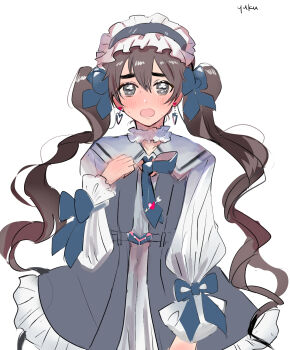 1boy aijou_rentarou alternate_costume arrow_through_heart black_eyes blue_bow blue_necktie blush bow brown_hair commentary crossdressing crossdressing_(mtf) dress ear_blush earrings embarrassed frilled_dress frilled_hairband frills hair_between_eyes hair_bow hairband heart heart_earrings highres jewelry kimi_no_koto_ga_dai_dai_dai_dai_daisuki_na_100-nin_no_kanojo long_hair long_sleeves looking_at_viewer male_focus necktie open_mouth puffy_long_sleeves puffy_sleeves simple_background solo straight-on sweat thick_eyebrows tie_clip twintails very_long_hair white_background wrist_bow yukumomiji