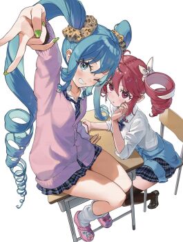 2girls ahoge alternate_costume alternate_hairstyle ankle_socks black_shoes black_skirt black_thighhighs blue_bow blue_bowtie blue_cardigan blue_eyes blue_necktie blue_skirt blush bow bowtie cardigan cardigan_around_waist cellphone chair clothes_around_waist collared_shirt crocs desk drill_hair elbow_rest fingernails green_nails grin hair_between_eyes hair_bow hair_ribbon hand_rest hatsune_miku highres holding holding_phone kasane_teto kasane_teto_(sv) long_hair looking_at_viewer miniskirt multiple_girls necktie oici_ne on_chair on_desk one_eye_closed open_mouth phone pink_cardigan pleated_skirt red_eyes red_hair ribbon school_desk school_uniform shirt shoes simple_background sitting skirt smartphone smile socks synthesizer_v thighhighs twin_drills twintails unfinished utau very_long_hair vocaloid white_background white_bow white_ribbon white_shirt white_socks zettai_ryouiki