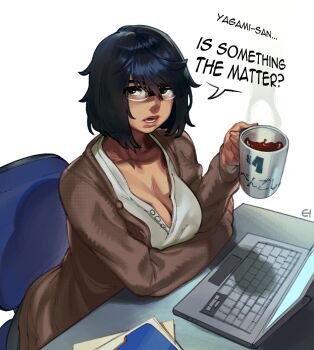 1girl at_computer black-framed_eyewear black_hair breasts brown_cardigan cardigan chair cleavage coffee coffee_mug computer cup eigaka english_text fingernails glasses judge_eyes laptop large_breasts looking_at_viewer lower_teeth_only medium_hair messy_hair mug office_chair over-rim_eyewear parted_lips plunging_neckline semi-rimless_eyewear shirosaki_saori sitting solo speech_bubble swivel_chair teeth unbuttoned