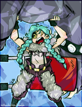 annie_(skullgirls) beowulf_(skullgirls) chair cosplay costume_switch eyepatch folding_chair highres magnagallina severed_arm severed_limb skullgirls suspenders wrestling_outfit