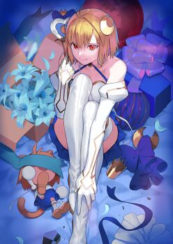 Rule 34 | 2girls, arcueid brunestud, bare shoulders, blonde hair, blue flower, blue skirt, boots, box, breasts, carrying over shoulder, closed mouth, creature, crescent, crescent hair ornament, detached sleeves, dual persona, fate/grand order, fate (series), flower, foot out of frame, from above, game cg, gift, gift box, gloves, hair ornament, halterneck, hand on own leg, high heel boots, high heels, holding, holding wand, in box, in container, juliet sleeves, knees up, long sleeves, looking at viewer, looking up, magical girl, miniskirt, moon, multiple girls, neco-arc, neco spirit, official art, open box, phantas-moon, puffy sleeves, red eyes, red moon, shirt, short hair, single hair intake, sitting, skirt, small breasts, smile, solo focus, takenashi eri, thigh boots, third-party source, vignetting, wand, white boots, white gloves, white shirt, white sleeves