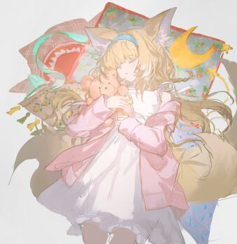 1girl alternate_costume animal_ears arknights blonde_hair blue_hairband cardigan closed_eyes closed_mouth commentary dress fox_ears fox_girl fox_tail hairband hashtag-only_commentary highres kitsune kyuubi long_hair long_sleeves multiple_tails ns404 pink_cardigan short_hair sleeping solo stuffed_animal stuffed_toy suzuran_(arknights) tail teddy_bear white_dress