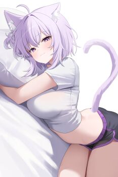 1girl :3 absurdres ahoge animal_ears black_shorts cat_ears cat_girl cat_tail closed_mouth commentary_request cropped_shirt crossed_bangs dolphin_shorts hair_between_eyes head_on_pillow highres hololive hugging_object looking_at_viewer lying nannung nekomata_okayu pillow pillow_hug purple_eyes purple_hair shirt short_hair short_shorts shorts solo t-shirt tail virtual_youtuber white_background white_shirt