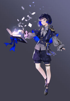 1boy 2bmm2 absurdres belt black_gloves blue_belt blue_bow blue_cape blue_eyes blue_hair blue_shoes blue_shorts blue_vest book bow bowtie bright_pupils cape collar colored_inner_hair commentary crescent_ornament english_commentary fingerless_gloves frilled_collar frills full_body gloves gradient_background grey_background hand_up highres light_particles long_sleeves looking_at_object male_focus multicolored_hair original parted_lips shirt shoes short_hair shorts solo teeth thigh_strap two-tone_hair untucked_shirt vest white_bow white_bowtie white_pupils white_shirt wizard