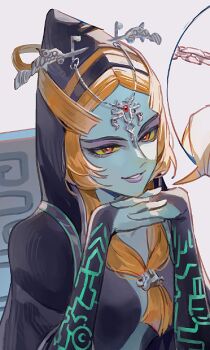 Rule 34 | 1girl, black skin, blue skin, colored sclera, colored skin, eyeshadow, front ponytail, grey skin, makeup, midna, midna (true), multicolored skin, neon trim, nintendo, orange hair, purple eyeshadow, purple lips, rain rkgk, the legend of zelda, the legend of zelda: twilight princess, two-tone skin, yellow sclera