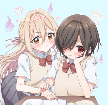 2girls aizawa_honami black_hair blonde_hair blush bow bowtie closed_mouth collared_shirt commentary desk dress_shirt extra_hands furrowed_brow ghost ghost_girl grey_skirt hair_over_one_eye hair_ribbon half_updo hands_on_another's_shoulders heart hidarikata hitodama holding holding_pen kurotori_michi long_hair mietemasu_yo!_aizawa-san multiple_girls nervous_sweating notebook pen pentagram pleated_skirt red_bow red_bowtie red_eyes ribbon school_desk school_uniform semi-transparent shirt short_hair short_sleeves skirt smile sweat sweater_vest triangular_headpiece v-shaped_eyebrows white_shirt yellow_eyes