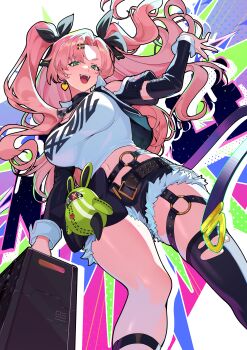 1girl abstract_background absurdres amillion_(zenless_zone_zero) arm_up bangboo_(zenless_zone_zero) bare_shoulders black_ribbon black_shorts breasts clothing_cutout commentary_request cowboy_shot cutoffs earrings from_below hair_ornament hairclip heart heart_earrings heart_necklace highres holding holding_suitcase jewelry large_breasts long_hair looking_at_viewer micro_shorts midriff mole mole_on_thigh mole_under_eye navel necklace nefula14 nicole_demara open_mouth pink_hair ribbon shorts shoulder_cutout single_thighhigh solo strapless stuffed_toy suitcase thighhighs torn_clothes torn_thighhighs tube_top two_side_up white_tube_top zenless_zone_zero