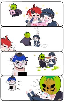 1girl 3boys 4koma black_hair blue_hair blush border censored chibi collarbone comic crying ear_piercing earrings eyepatch face_piercing highres jewelry lip_piercing male_focus maruko_gaku multiple_boys omokage_yugamu one_eye_covered oosuzuki_kurara open_mouth piercing red_hair simple_background sitting standing sumino_takumi the_hundred_line_-last_defense_academy- tomato white_background white_border