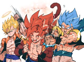 biceps blue_eyes blue_sash body_fur dragon_ball dragon_ball_gt dragon_ball_super dragon_ball_super_broly gogeta highres male_focus metamoran_vest monkey_boy monkey_tail multiple_persona muscular muscular_male no_nipples pants pectorals red_hair relio_db318 sash simple_background smile spiked_hair super_saiyan super_saiyan_1 super_saiyan_4 super_saiyan_blue tail veins veiny_hands white_pants