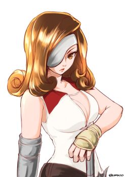 1girl bare_shoulders beatrix belt black_belt breasts brown_eyes brown_hair cleavage closed_mouth collared_shirt commentary drill_hair elbow_gloves eyepatch female_focus final_fantasy final_fantasy_ix frown gauntlets gloves holding holding_sword holding_weapon lips long_hair looking_at_viewer medium_breasts medium_hair save_the_queen shirt simple_background sleeveless sleeveless_shirt solo standing sword twitter_username umxzo upper_body weapon white_background white_shirt