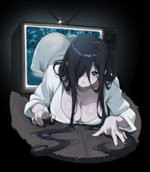 1girl black_background black_eyes black_hair black_nails breasts cleavage collarbone commentary crt dress hair_over_one_eye highres large_breasts long_hair looking_at_viewer parted_lips solo the_ring through_medium through_screen vizaz white_dress yamamura_sadako