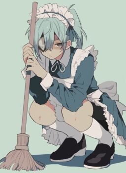 1boy apron arms_up back_bow blue_hair bow brown_eyes closed_mouth collar crossdressing crossdressing_(mtf) ebi_(shrimp_eleven) eyepatch frilled_apron frilled_collar frills green_background hair_between_eyes holding holding_mop inazuma_eleven inazuma_eleven_(series) kneehighs kneeling long_sleeves looking_at_viewer maid maid_apron maid_headdress male_focus male_maid mop neck_ribbon one_eye_covered ponytail ribbon sakuma_jirou shadow shoes simple_background sleeve_cuffs socks solo trap white_bow white_ribbon white_socks