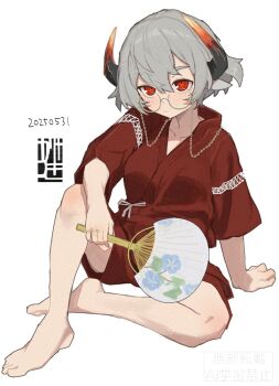 Rule 34 | 1girl, animal ears, arm support, barefoot, black horns, blush, bouhuman, breasts, buttons, chain, collarbone, commentary request, cow ears, demon girl, eyewear strap, feet, grey hair, hand fan, holding, holding fan, horns, japanese clothes, kimono, looking up, original, paper fan, red eyes, red kimono, round eyewear, sitting, small breasts