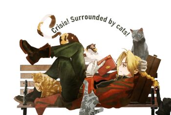 Rule 34 | 1boy, absurdres, ahoge, arm behind head, bench, black boots, black pantyhose, blonde hair, book, boots, braid, briefcase, brown eyes, cat, coat, crossed legs, edward elric, fullmetal alchemist, furrowed brow, gloves, highres, holding, holding book, long hair, male focus, pantyhose, parted bangs, reclining, red coat, single braid, solo, white background, white gloves, youritai