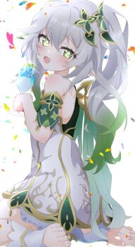 1girl :d absurdres bare_shoulders bloomers blush commentary_request cup detached_sleeves dress drinking_glass from_behind genshin_impact gold_trim gradient_hair green_eyes green_hair green_sleeves hair_between_eyes hair_ornament hand_up heart highres holding holding_cup leaf_hair_ornament long_hair looking_at_viewer looking_back multicolored_hair nahida_(genshin_impact) open_mouth pointy_ears side_ponytail sitting sleeveless sleeveless_dress smile solo star-shaped_pupils star_(symbol) stirrup_legwear symbol-shaped_pupils toeless_legwear toenails toes u9ffo underwear wariza white_bloomers white_dress white_hair wine_glass