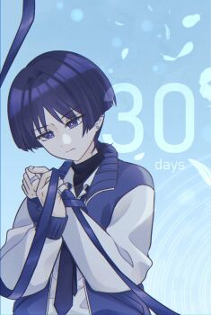 Rule 34 | 1boy, alternate costume, black necktie, black skirt, blue background, blue jacket, blue ribbon, blunt ends, bright pupils, casual, closed mouth, contemporary, countdown, ear piercing, earrings, falling feathers, feathers, fingernails, genshin impact, hands up, highres, holding own wrist, jacket, jewelry, looking at hand, looking down, male focus, necktie, numbered, open clothes, open jacket, piercing, purple eyes, purple hair, raglan sleeves, renacchi06, ribbon, scaramouche (genshin impact), shirt, silver ring, skirt, solo, split mouth, star trail, tsurime, turtleneck, turtleneck shirt, undershirt, upper body, white pupils, white sleeves, wispy bangs