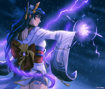 1girl artist_name back back_bow blunt_bangs blurry bow braid bridal_gauntlets chalseu cloud cloudy_sky depth_of_field fan_hair_ornament from_side genshin_impact glowing glowing_hair hair_ornament hair_ribbon highres lightning lingerie long_braid long_sleeves looking_ahead mitsudomoe_(shape) mole mole_under_eye multicolored_hair off_shoulder outdoors parted_lips powering_up purple_eyes purple_ribbon raiden_shogun rain red_sash ribbon sash shade shaded_face single_braid sky solo standing storm streaked_hair tomoe_(symbol) underwear upper_body wide_sleeves