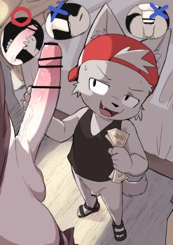 2boys age_difference anal animal_ears backwards_hat banknote bar_censor baseball_cap black_sandals black_shirt censored commentary_request ears_through_headwear fang fellatio furry furry_male handjob hat holding holding_money large_penis male_focus manmosu_marimo money multiple_boys open_mouth oral original penis prostitution red_hat sandals shirt shota sleeveless sleeveless_shirt small_penis speech_bubble standing tail testicles yaoi