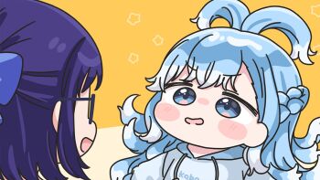 2girls :d a-chan_(hololive) black-framed_eyewear blue_bow blue_eyes blue_hair bow braid chibi drawstring glasses hair_bow hololive hololive_indonesia hood hood_down hoodie kobo_kanaeru long_hair mochimiko multicolored_hair multiple_girls open_mouth orange_background purple_hair smile star_(symbol) two-tone_background two-tone_hair very_long_hair virtual_youtuber white_hair white_hoodie