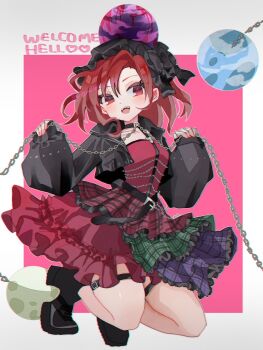 Rule 34 | 1girl, :d, adapted costume, belt, black belt, black boots, black choker, black hat, black jacket, blue skirt, boots, border, chain, choker, commentary request, cropped jacket, earth (ornament), emimi (emimi 28), frilled hat, frills, full body, green skirt, hands up, hat, hecatia lapislazuli, highres, holding, holding chain, jacket, layered skirt, long sleeves, looking at viewer, moon (ornament), multicolored skirt, open mouth, outside border, parted bangs, pink background, plaid clothes, plaid skirt, red eyes, red hair, red shirt, red skirt, shirt, short hair, skirt, smile, solo, squatting, thigh strap, touhou, twitter username, underworld (ornament), white border