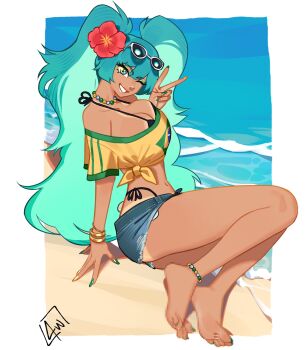 1girl absurdres anklet aqua_hair bare_legs barefoot beach bead_anklet bead_necklace beads bikini bikini_tan bikini_under_clothes black_bikini border bracelet brazilian_miku breasts censored censored_feet cleavage collarbone commentary day denim denim_shorts eyelashes eyewear_on_head feet flower full_body gold_bracelet green_eyes green_nails hair_flower hair_ornament hand_up hatsune_miku highres jewelry l4wless large_breasts legs long_hair looking_at_viewer midriff mosaic_censoring nail_polish navel necklace ocean on_ground one_eye_closed red_flower shirt short_shorts shorts signature sitting smile solo sunglasses swimsuit tan tanline tied_shirt toenail_polish toenails toes twintails v very_long_hair vocaloid white_border yellow_nails yellow_shirt