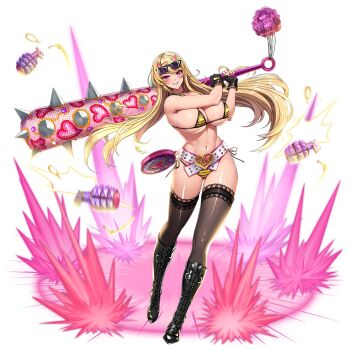 1girl action_taimanin bikini blonde_hair breasts club club_(weapon) curvy demon_girl explosive fingerless_gloves francis_(taimanin_asagi) full_body gloves grenade grin gyaru highres holding holding_weapon horns huge_breasts kanabou lilith-soft long_hair looking_at_viewer lowleg lowleg_bikini moaning official_art puffy_nipples revealing_clothes saijou_satoru sharp_teeth shiny_skin side-tie_bikini_bottom smile solo striped_bikini striped_clothes sunglasses_on_head sweat swimsuit taimanin_(series) taimanin_rpgx teeth very_long_hair weapon wide_hips