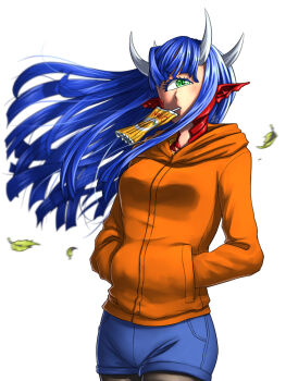 1girl blue_hair blue_shorts blunt_ends breasts cacodemon commentary_request cowboy_shot cyclops demon_girl denim denim_shorts doom_(series) drink_carton drinking falling_leaves floating_hair green_eyes hands_in_pockets hood hooded_jacket jacket juice_box leaf light_blush long_hair long_sleeves looking_at_viewer medium_breasts mouth_hold one-eyed orange_jacket pantyhose personification pointy_ears shorts simple_background solo spikes substance20 very_long_hair white_background