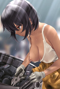 1girl accidental_exposure bare_shoulders blouse blurry blurry_background bob_cut breasts brown_hair car covered_erect_nipples dark-skinned_female dark_skin dirty dirty_arm dirty_clothes downblouse engine female_focus from_side girls_und_panzer gloves green_eyes hair_between_eyes highres holding hoshino_(girls_und_panzer) jumpsuit jumpsuit_around_waist large_areolae large_breasts mechanic motor_vehicle nipple_slip nipples no_bra orange_jumpsuit see-through_clothes shirt short_hair skindentation sleeveless sleeveless_shirt solo sweat sweatdrop tomboy tools wa_(genryusui) wet wet_clothes wet_shirt white_gloves white_shirt