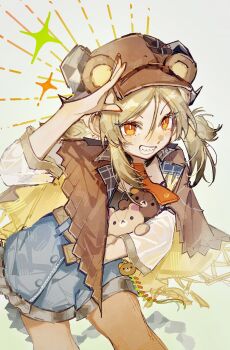 1girl absurdres animal_ears arknights bear_ears blonde_hair blue_shorts brown_capelet capelet chinese_commentary collared_capelet commentary_request cowboy_shot demon_horns grin hand_up highres holding holding_stuffed_toy horns huaique ifrit_(arknights) leaning_forward long_hair long_sleeves looking_at_viewer necktie official_alternate_costume orange_eyes orange_necktie orange_pantyhose pantyhose rilakkuma san-x sanrio sharp_teeth shorts smile solo sparkle standing stuffed_animal stuffed_toy teddy_bear teeth twintails