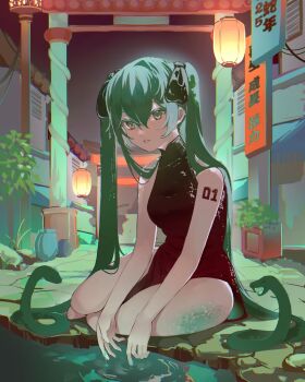 1girl black_dress breasts double-parted_bangs dress full_body green_eyes green_hair hair_between_eyes hatsune_miku highres long_hair looking_at_viewer number_tattoo outdoors parted_lips sleeveless sleeveless_dress sleeveless_turtleneck small_breasts snake snake_hair solo tattoo turtleneck turtleneck_dress twintails very_long_hair vocaloid vyeranika
